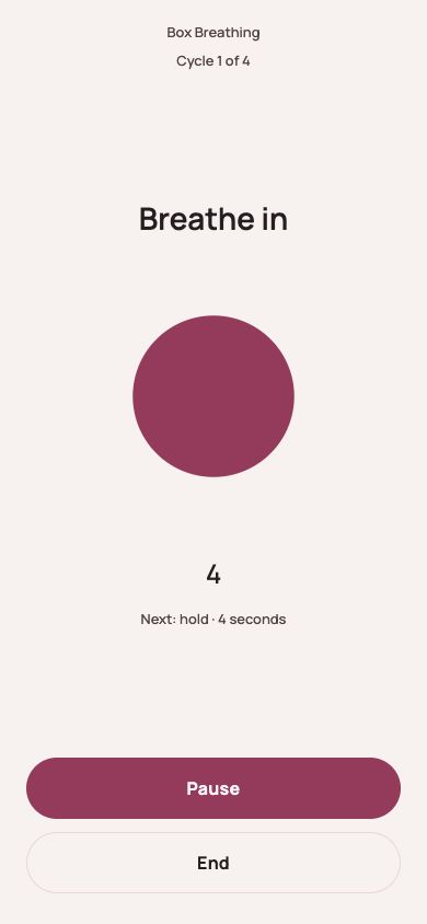 Box Breathing with a clear breathe-in instruction and a simple rose disc.